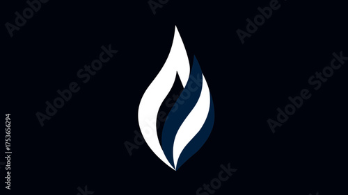 Modern abstract stylized flame or fluid drop graphic with contrasting white and dark blue elements on a minimalist dark background, digital art.