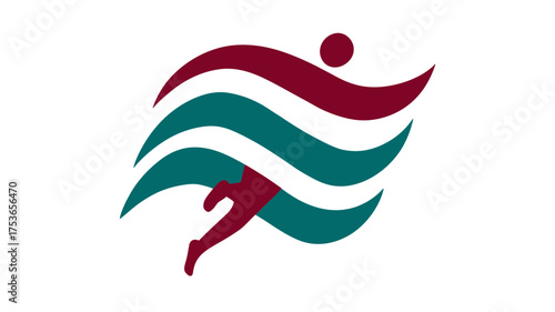 Dynamic abstract running figure with wavy lines, symbolizing motion, sport, energy, and health. Modern athletic emblem design.