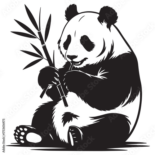 Adorable black and white giant panda bear sitting and eating bamboo leaves in a stylized illustration drawing
