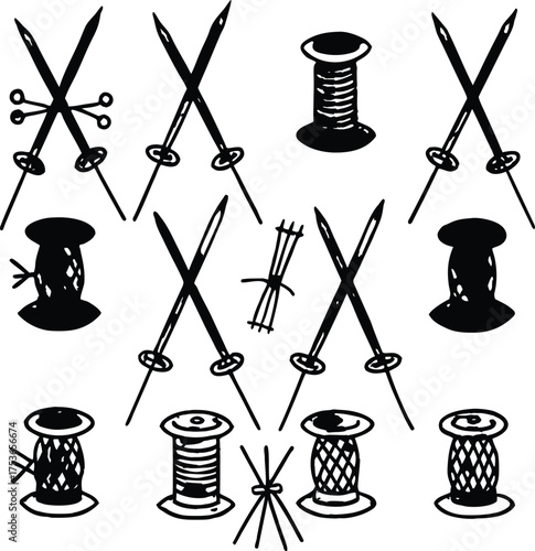 Black and white vector silhouette set of sewing tools and accessories icons including scissors, buttons, and thread