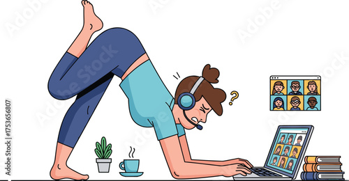 Funny woman doing yoga pose while working on laptop during video call, cartoon vector illustration, remote work and exercise concept, multitasking home office design