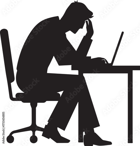Stressed, tired and frustrated business man with desk and laptop Silhouette