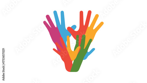 Vibrant colorful hands symbolizing diversity, inclusion, collaboration, unity, and community spirit on a clean white background.