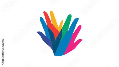 Colorful layered hands graphic illustration representing diversity, unity, community, collaboration, teamwork, and creative support