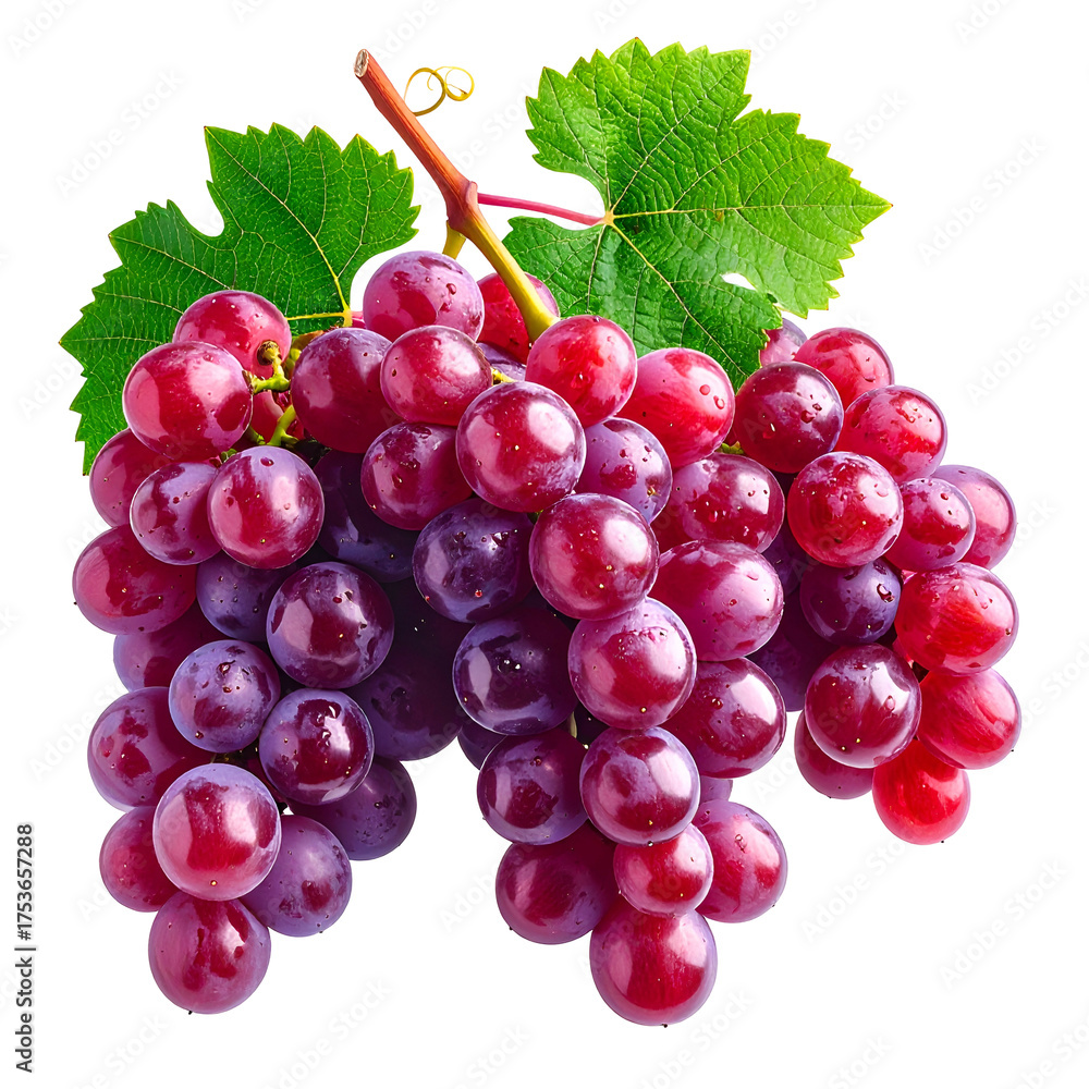 Fototapeta premium Lush cluster of ripe, purple grapes with green leaves and stem against a dark background