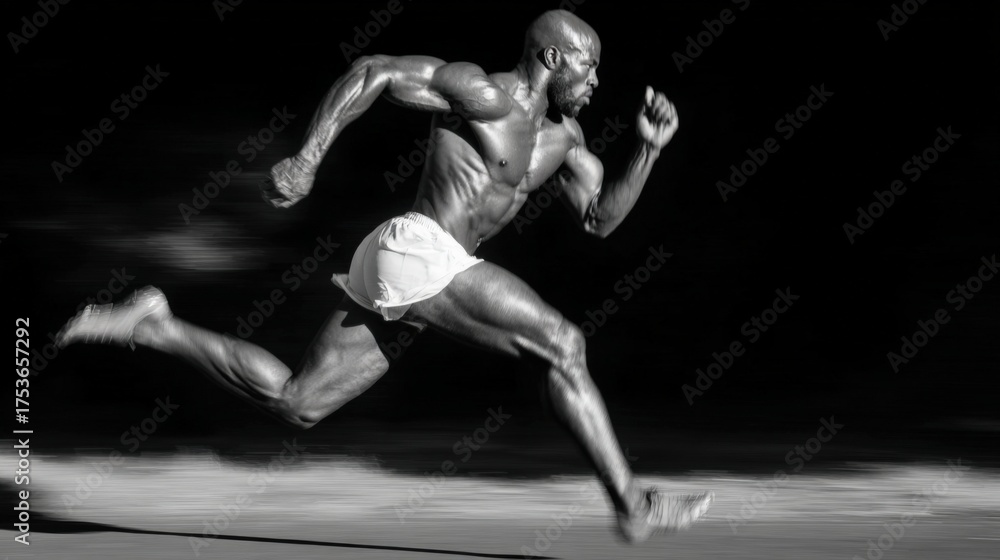 Obraz premium Dynamic monochrome image capturing a sprinter in full stride, showcasing powerful leg muscles and athletic form against a dark background. neutral background, clear negative space, clean composition