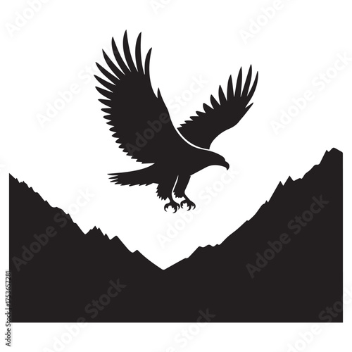 Majestic silhouette of a soaring eagle against a white background above mountain peaks