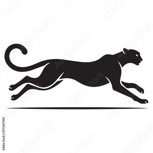 Powerful black panther silhouette in dynamic running pose against white background symbolizing speed and strength
