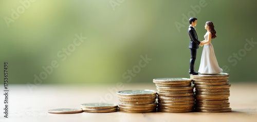 Wedding couple figurine on stacked coins. Man and woman in wedding dress and suit stand on coins. Financial planning for marriage and future.
