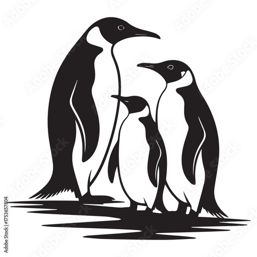 Silhouette of a penguin family with two adults and a chick huddled together in a simple artistic sketch style