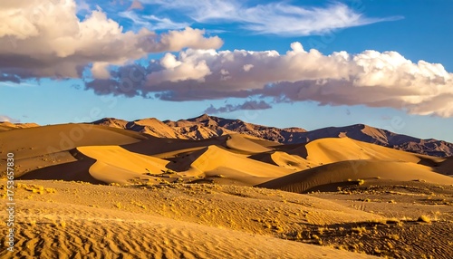 Fototapeta Naklejka Na Ścianę i Meble -  A serene desert landscape bathed in golden sunlight, with rolling sand dunes leading towards distant mountains under a cloudy sky