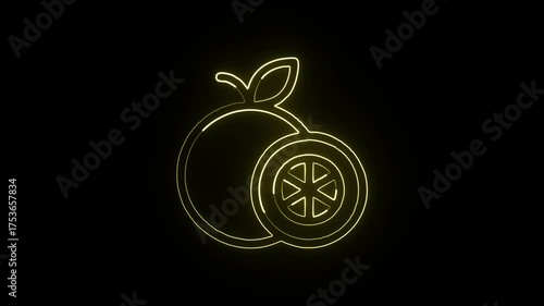 Glowing neon line grapefruit with rotating slice. Fruit animation HD video isolated on black background.