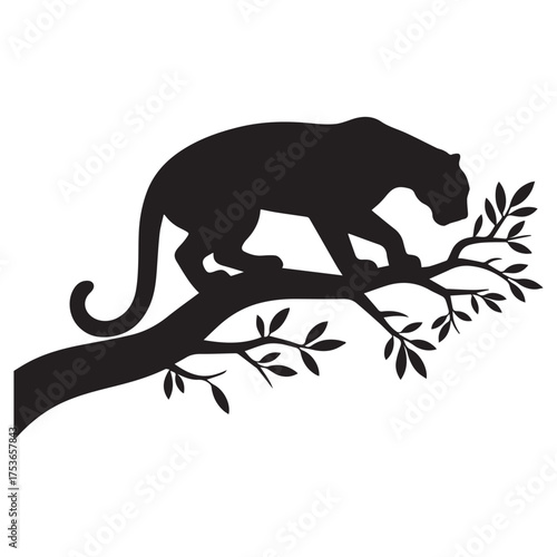 Silhouette of a powerful black panther stealthily walking along a thick tree branch against a white background