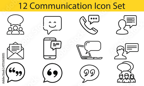 Collection of communication icons representing dialogue, conversation, feedback, customer service, and social media interactions