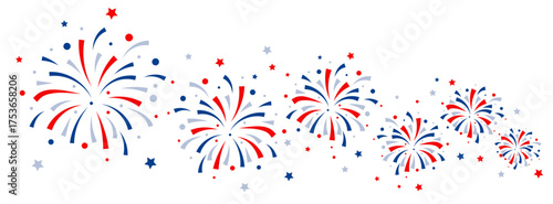 Firework vector icons set isolated on transparent background with copy space. Celebrate 4th of July banner. Red, blue, white usa flag color firework border, firecracker frame.
