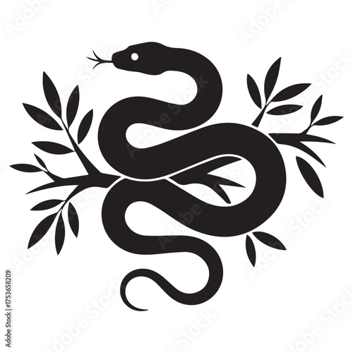 Stylized black silhouette of a serpent coiled around a branch with leaves against a white background