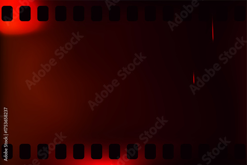 Vintage dark red film frame overlay with sprocket holes and a moody cinematic light leak. Retro background for movie poster template.