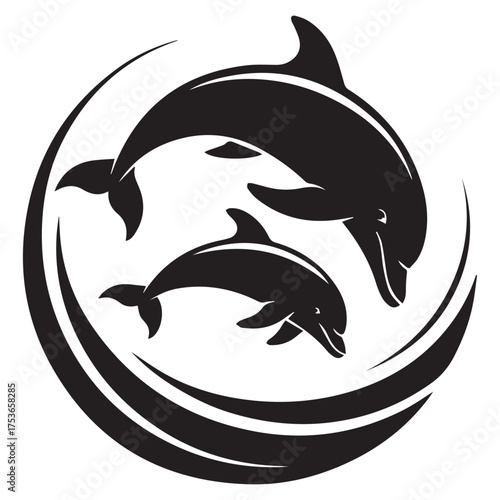 Stylized silhouette of two dolphins leaping together within a circular wave design symbolizing family and ocean life