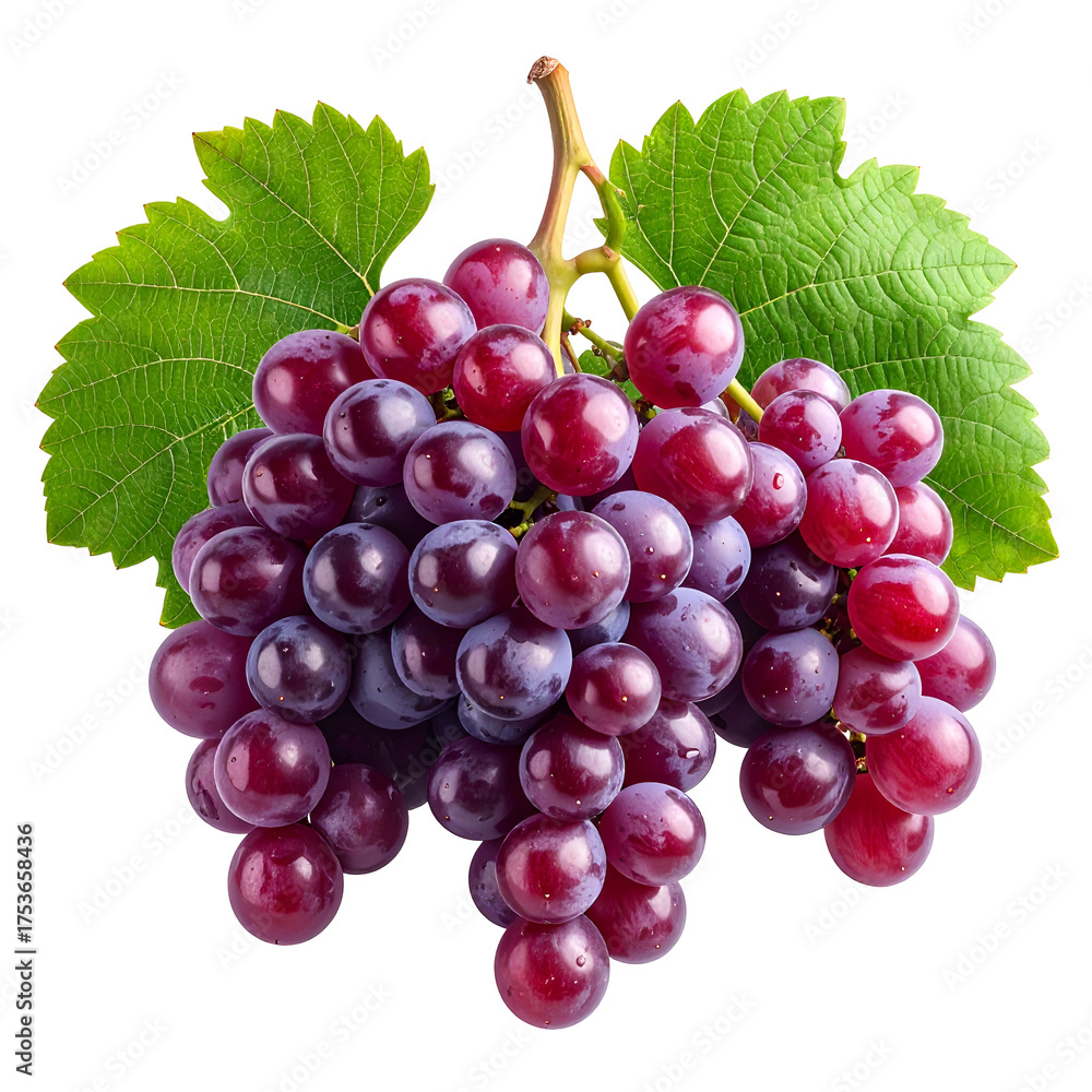 Fototapeta premium A bunch of red grapes with leaves, a transparent background for versatile use