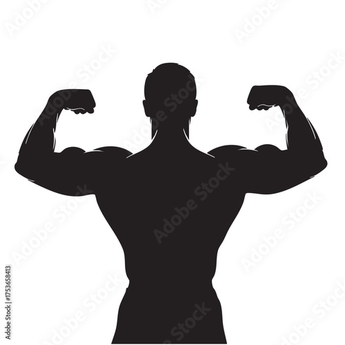 Vector art of silhouette of a muscular man flexing his biceps, symbolizing strength and fitness, ideal for gym and bodybuilding themes, showcasing a powerful and athletic physique