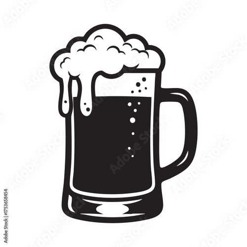 Vector art of detailed illustration of a dark beer mug with overflowing foam ideal for representing craft breweries, pub menus, or beerrelated events with a touch of elegance