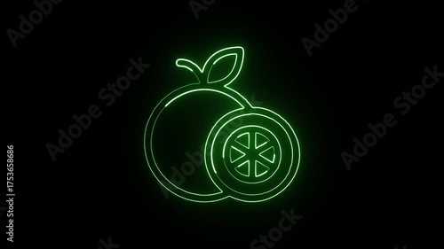 Glowing neon line grapefruit with rotating slice. Fruit animation HD video isolated on black background.