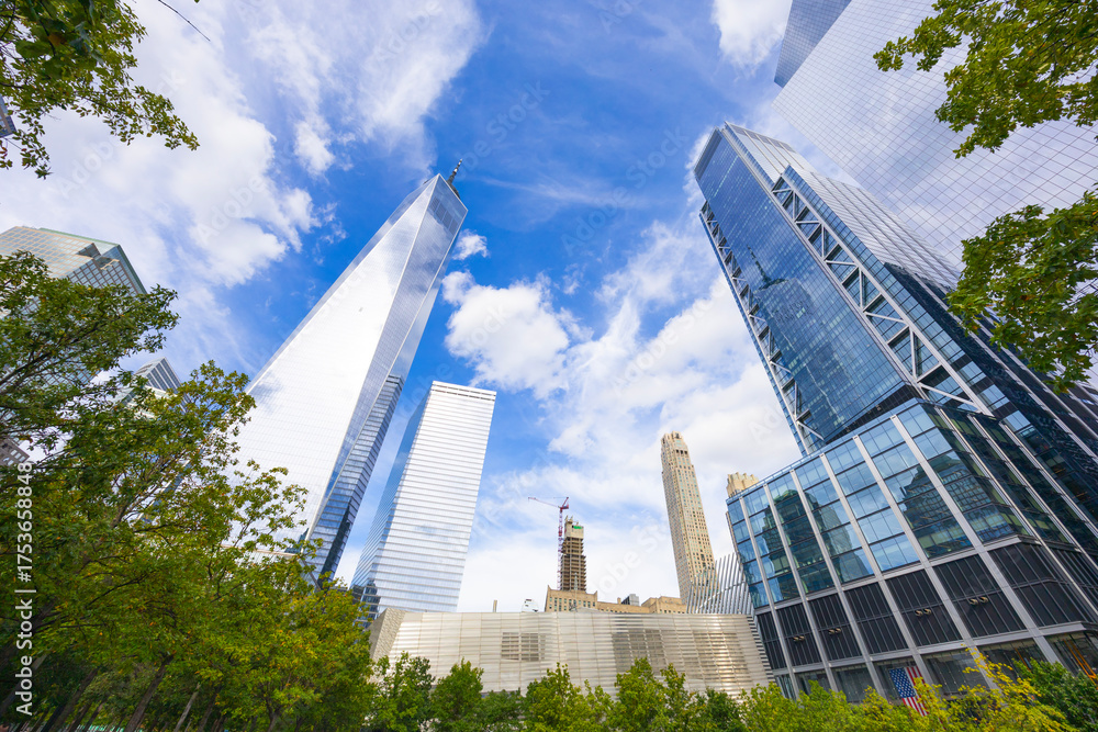 Fototapeta premium Tall skyscrapers in the center of New York, USA, view from below.