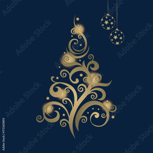 Obraz na plátně Elegant golden swirl christmas tree ornament with orbs on deep blue background f