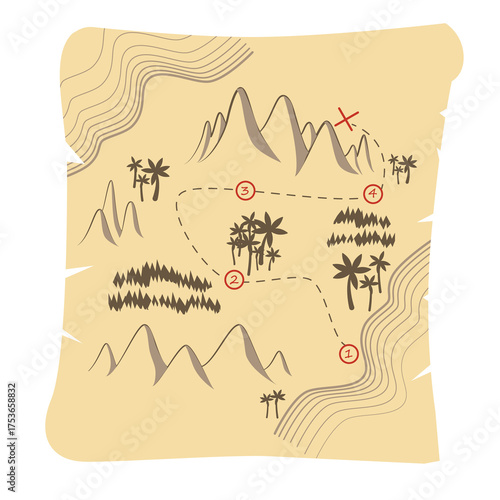 Illustrated treasure map featuring mountains, palm trees, and marked path with destination points.