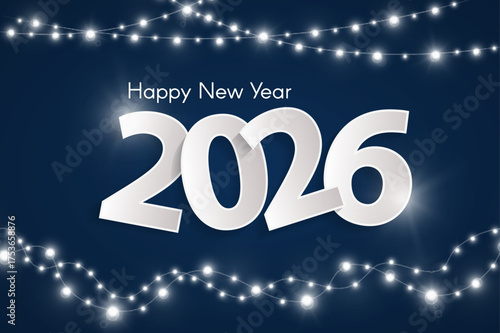Dark blue Happy New Year 2026 concept with paper snowflake. Christmas and Chinese New Year decor. New yaer card concept. Vector illustration