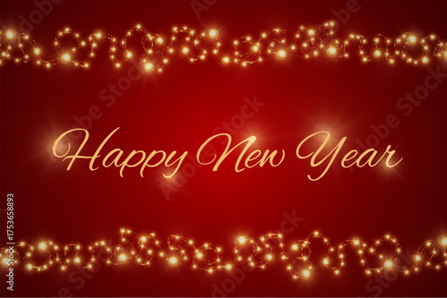 Red Happy New Year concept with realistic garlands. Christmas and Chinese New Year decor. New year card or sale concept. Vector illustration