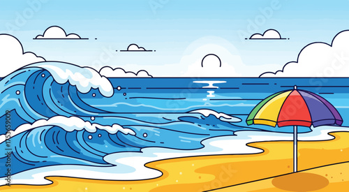 Cartoon beach scene with waves, sun, and umbrella illustration for summer vacation concept art design