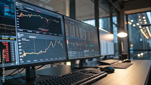 Wallpaper Mural Modern trading desk with finance market analytics dual monitor setup, investment chart insights, computer monitor office technology, professional Torontodigital.ca