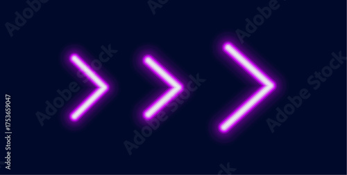 Three glowing neon chevron arrows in a sequence. The size increases from left to right symbolizing acceleration or progress.