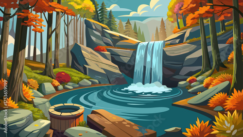 Very beautiful Looking Glass Falls plunge pool waterfall in Pisgah National Forest, Transylvania County, North Carolina, surrounded by colorful autumn foliage, rocks, and fallen logs, showcasing seren