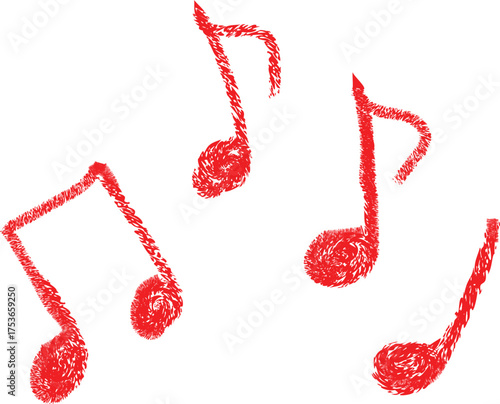 A whimsical scattering of bright red musical notes on a clean white background