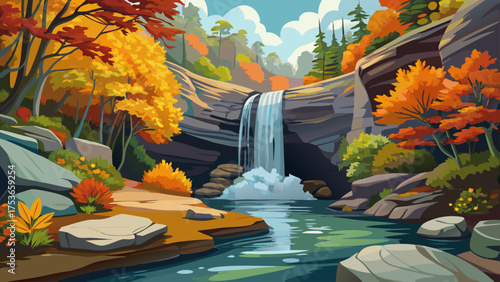 Very beautiful Looking Glass Falls plunge pool waterfall in Pisgah National Forest, Transylvania County, North Carolina, surrounded by colorful autumn foliage, rocks, and fallen logs, showcasing 