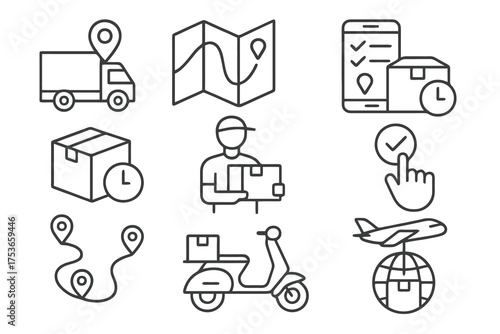 Set of 9 thin line editable icons for delivery and tracking, including routes, GPS maps, drivers, and real-time parcel updates.