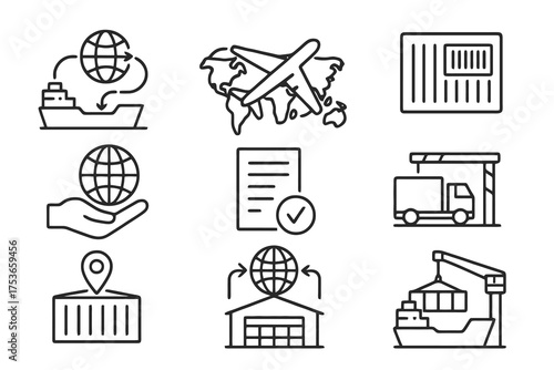 Collection of 9 linear icons about international shipping, featuring global transport, tracking, and worldwide logistics operations.