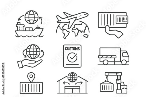 Set of 9 thin line editable icons for export and import logistics, including cargo ships, airplanes, containers, and customs documents.