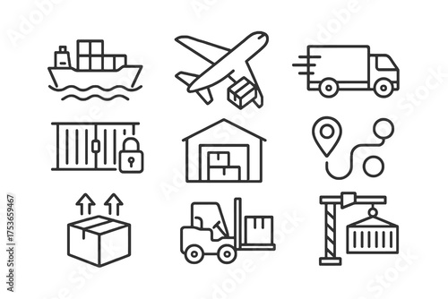 Set of 9 thin line editable icons for logistics and transportation, including cargo ships, airplanes, trucks, and warehouses.