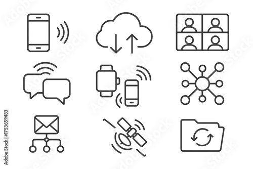 Set of 9 thin line editable icons for IT infrastructure and enterprise networking, including servers, firewalls, VPNs, and cloud datacenters.