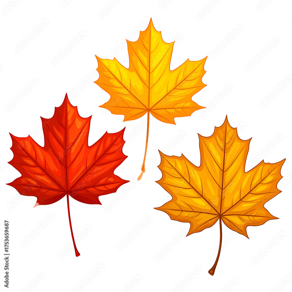 Fototapeta premium Three stylized, colorful maple leaves in shades of red, orange, and yellow against black