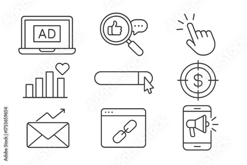 Set of 9 thin line editable icons for digital marketing and search metrics, including ads, engagement, analytics, and content optimization.