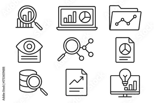 Collection of 9 linear icons about data discovery, featuring charts, databases, documents, and digital insight visuals.