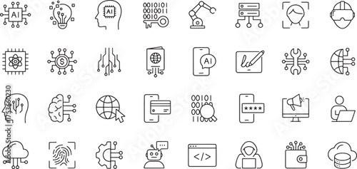 Collection of Technology and Artificial Intelligence Icons in Outline Style chip processor