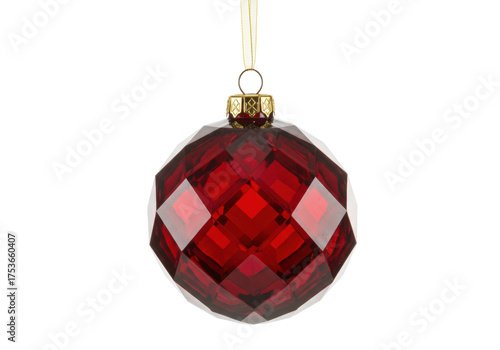 Isolated ruby red crystal Christmas ornament with gold ribbon for holiday decoration