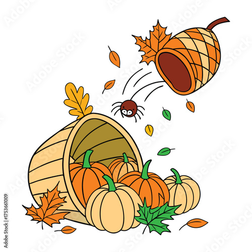 Cartoon cornucopia spilling pumpkins and autumn leaves with a jumping spider fall horn of plenty