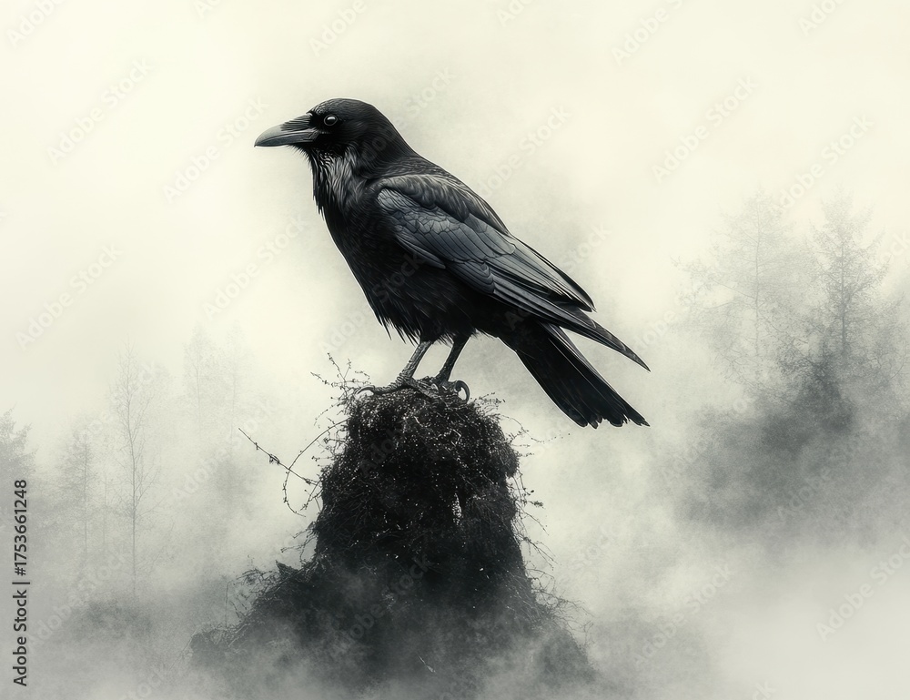 Fototapeta premium A Detailed Dark Crow Perched Atop A Misty Mound Against A Softly Blurred Background