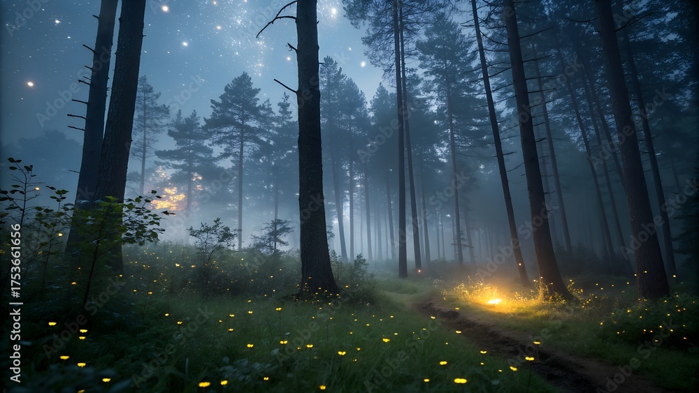 Fototapeta premium Magical forest scene with glowing lights and fireflies at night